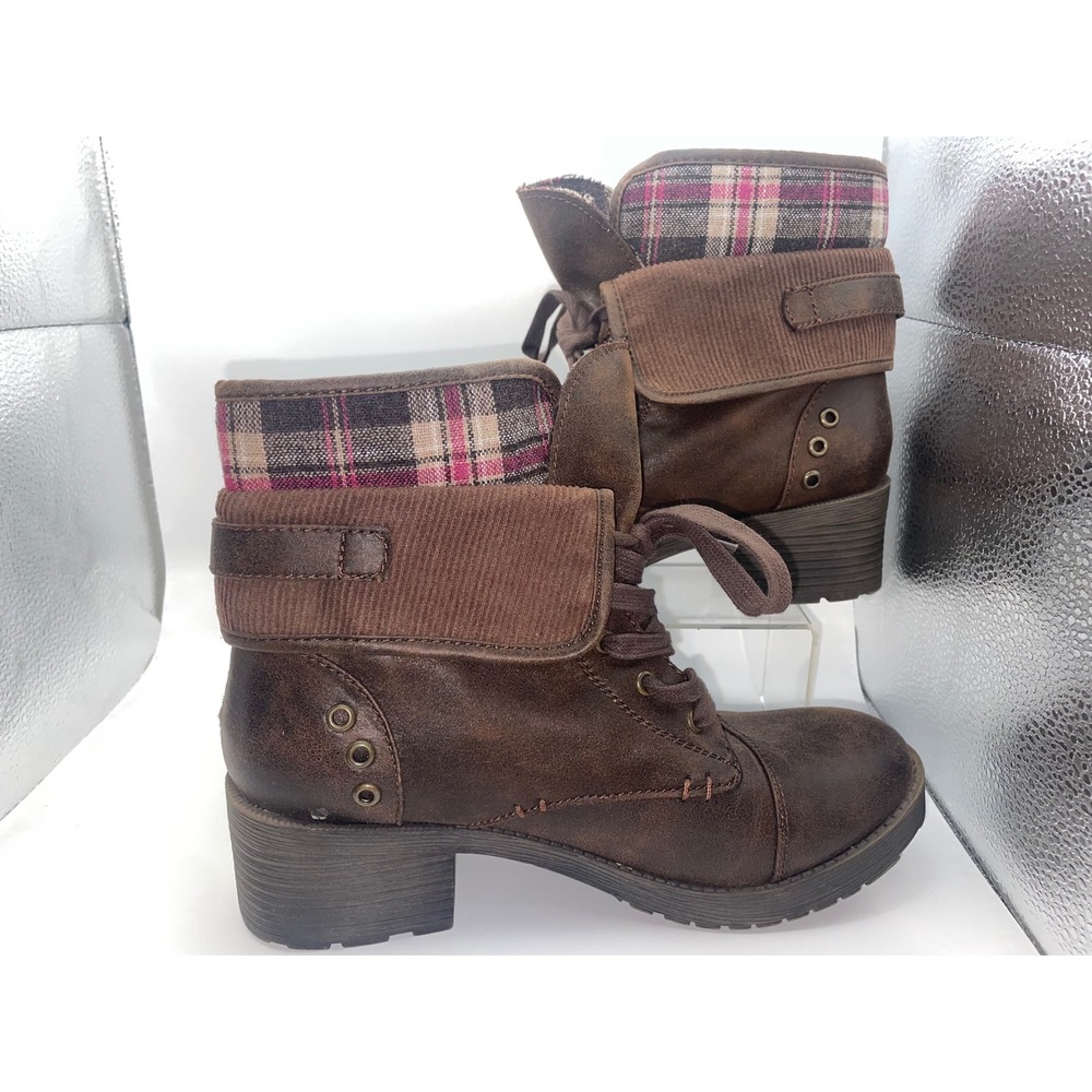 Rock Candy Women's Size 7.5 Brown Plaid Cuff Lace Up Dress Boots